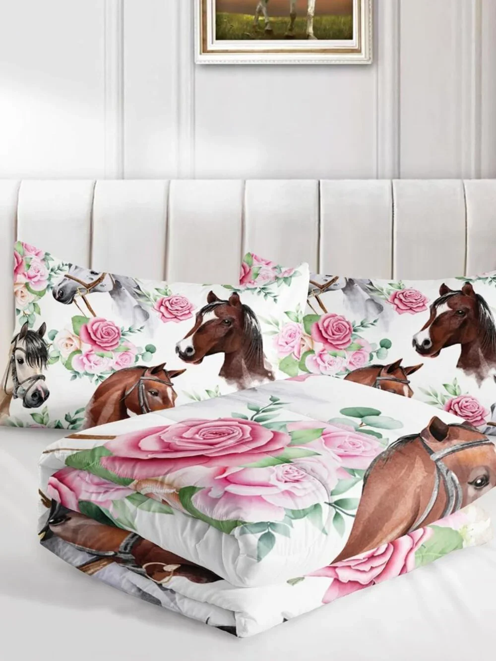 Horse and Flower Comforter Set for Girls Kids Horse and Floral 3 Piece Bedding S